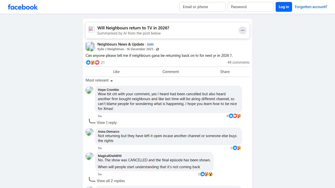 Neighbours News & Update Can anyone please tell me if neighbours gana be returning back on tv for next yr in 2026 Facebook